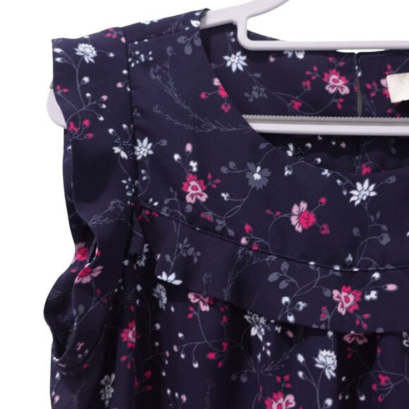 LOFT Outlet Blouse Sz PM Navy Blue Floral Print Flutter Sleeves Ruffle Casual - Picture 2 of 8